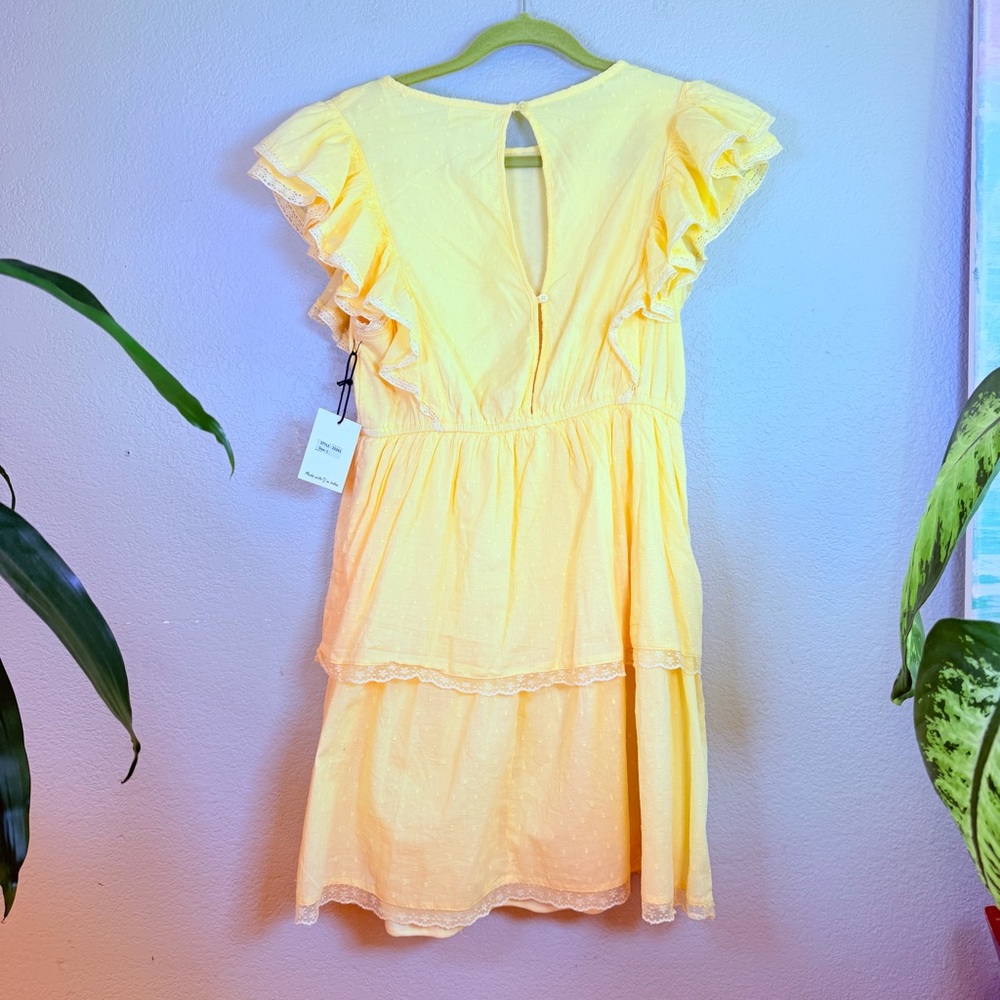 Japna Butter Yellow Swiss Dot Ruffled Cap Sleeve Lace Trim Tiered Mini Dress L - Picture 5 of 14